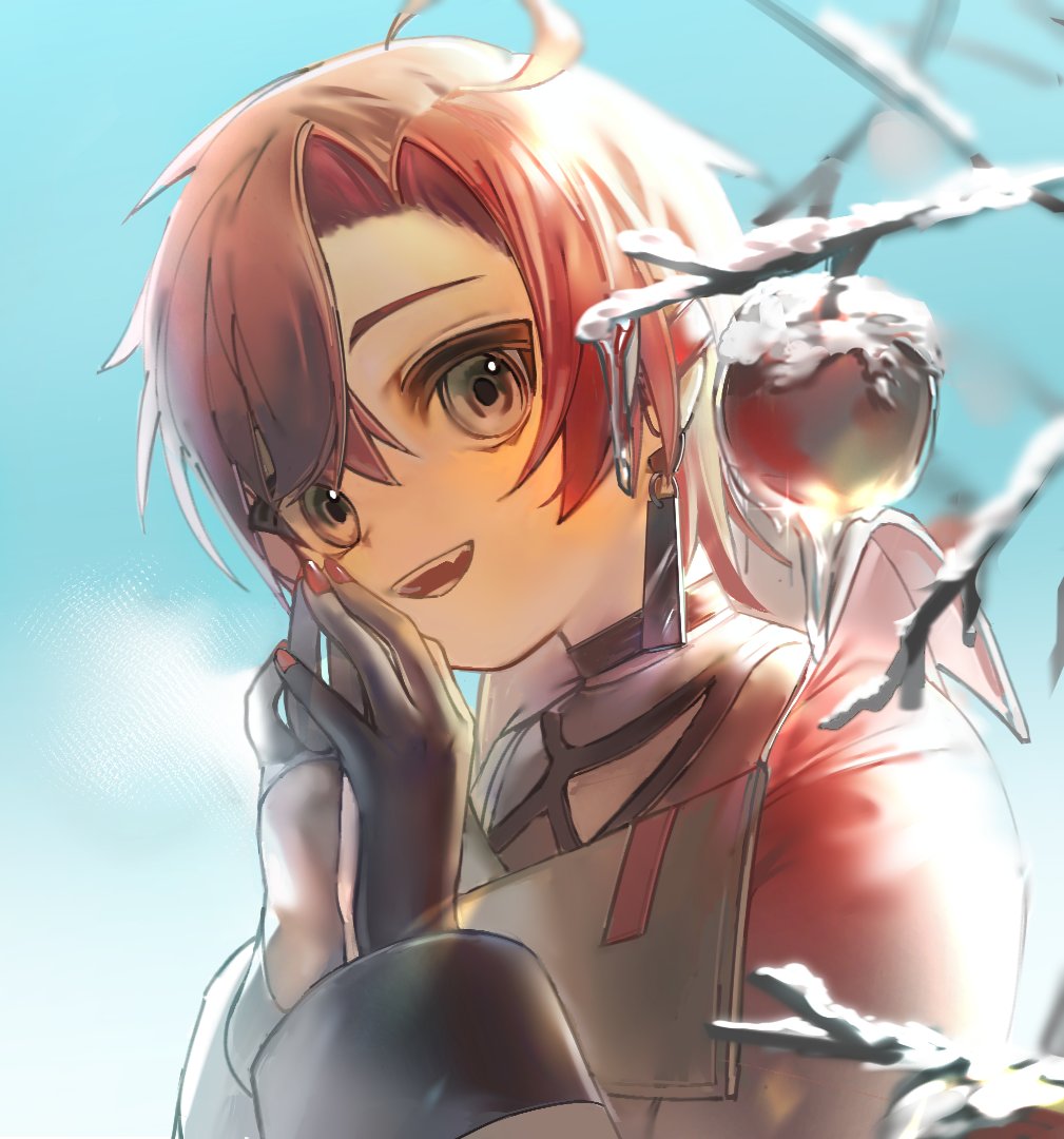 1boy, ahoge, amain_dudu, apple_tree, black_gloves, blue_sky, earrings, english_commentary
