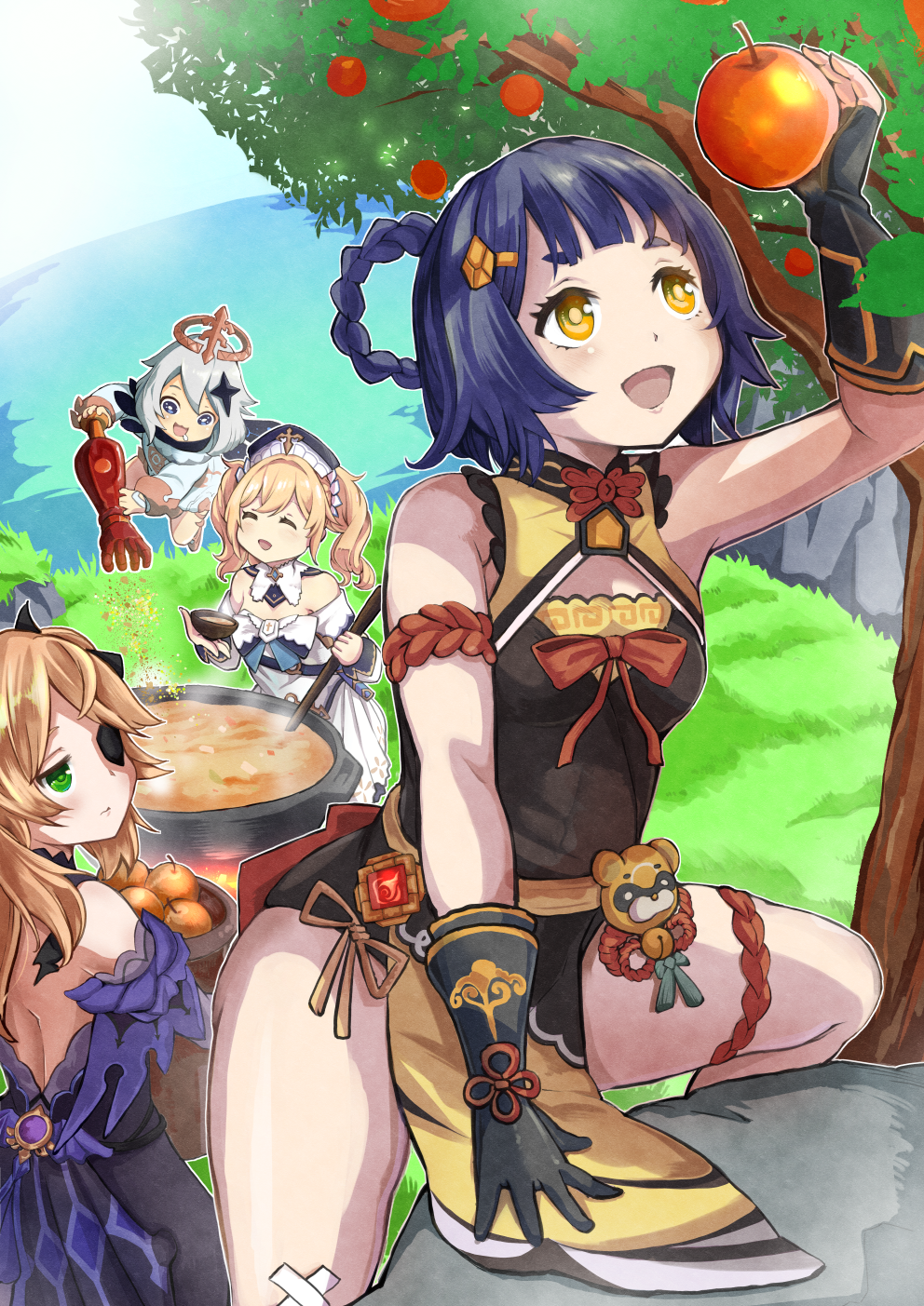 4girls, apple, apple_tree, arm_up, bandaid, bandaid_on_knee, bandaid_on_leg, barbara_(genshin_impact)