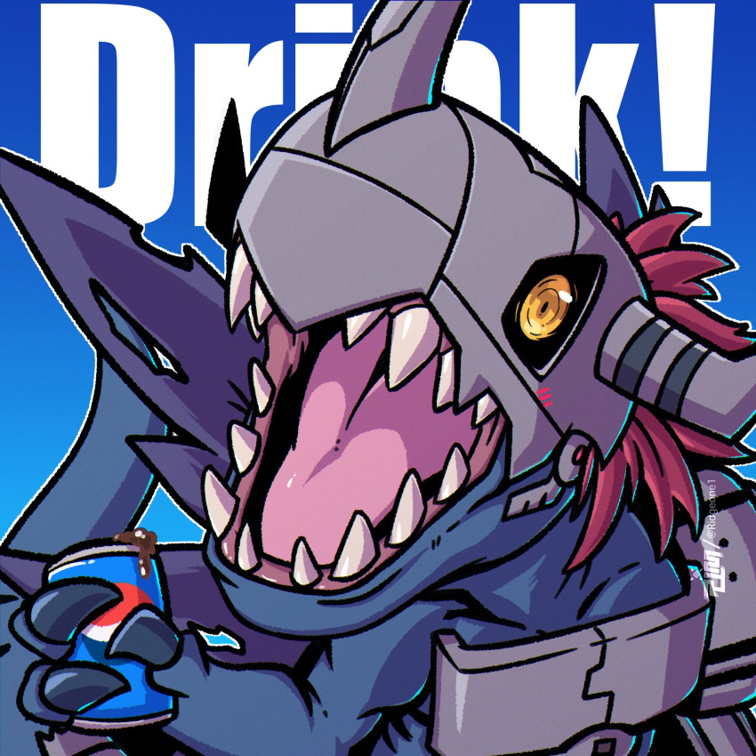 armor, blue_background, blue_skin, blush, can, claws, colored_skin, crossover