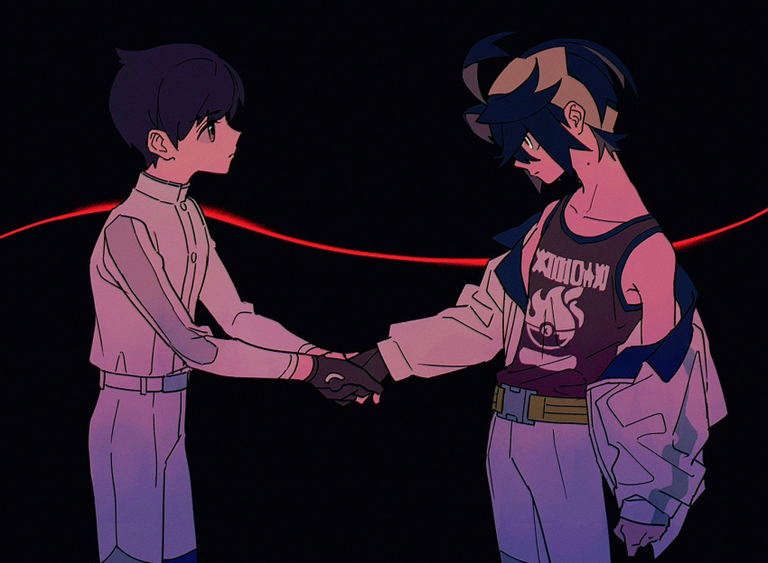 2023_7_13, 2boys, black_background, black_gloves, closed_mouth, eye_contact, florian_(pokemon), from_side