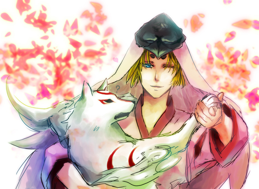 amaterasu, animal, blonde_hair, blue_eyes, dancing, helmet, japanese_clothes, male