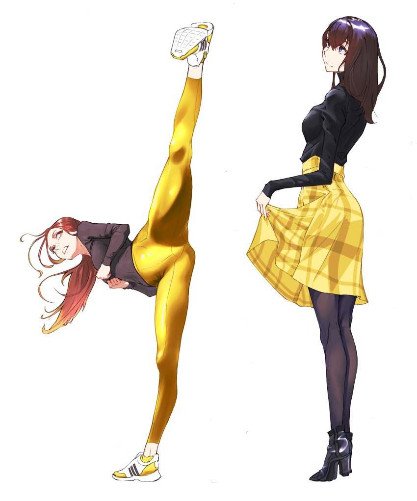 2girls, absurdres, black_leggings, breasts, brown_hair, high_kick, highres, kicking, leggings, long_sleeves, medium_breasts, multiple_girls, redhead, skirt, tbocart, yellow_leggings