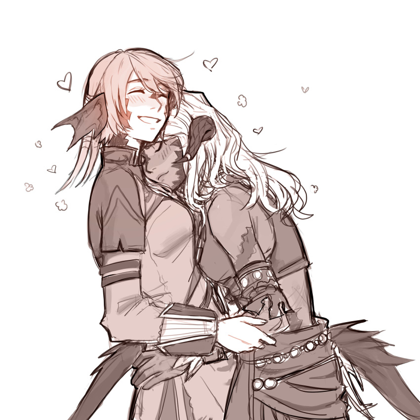 2girls, absurdres, au_ra, blush, cirina_mol, closed_eyes, closed_mouth, commentary