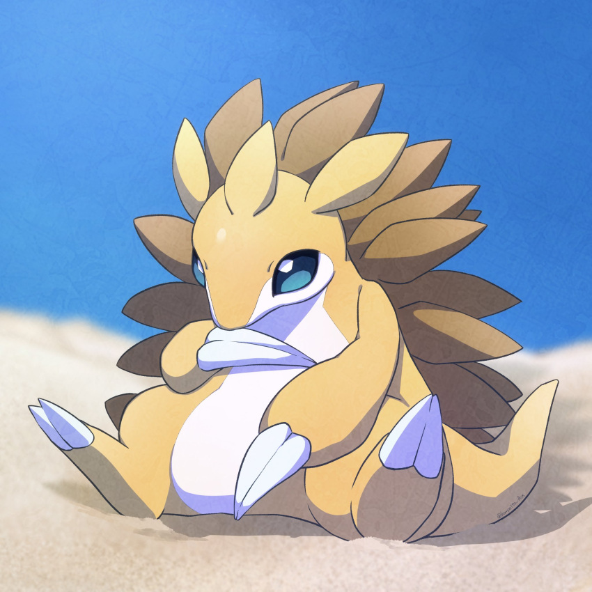 animal_focus, blue_eyes, blue_sky, blurry, blurry_background, claws, colored_skin, dark_skin