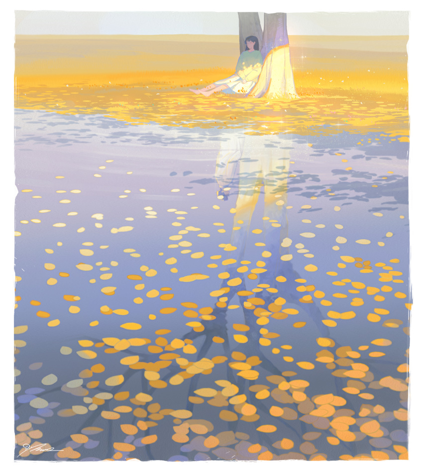 1boy, 1girl, absurdres, autumn, barefoot, black_hair, border, closed_eyes, full_body, highres, leaf, leaf_on_liquid, light_particles, long_sleeves, medium_hair, morncolour, original, reflection, scenery, shadow, signature, sitting, skirt, sunlight, tree, water, white_border, white_skirt