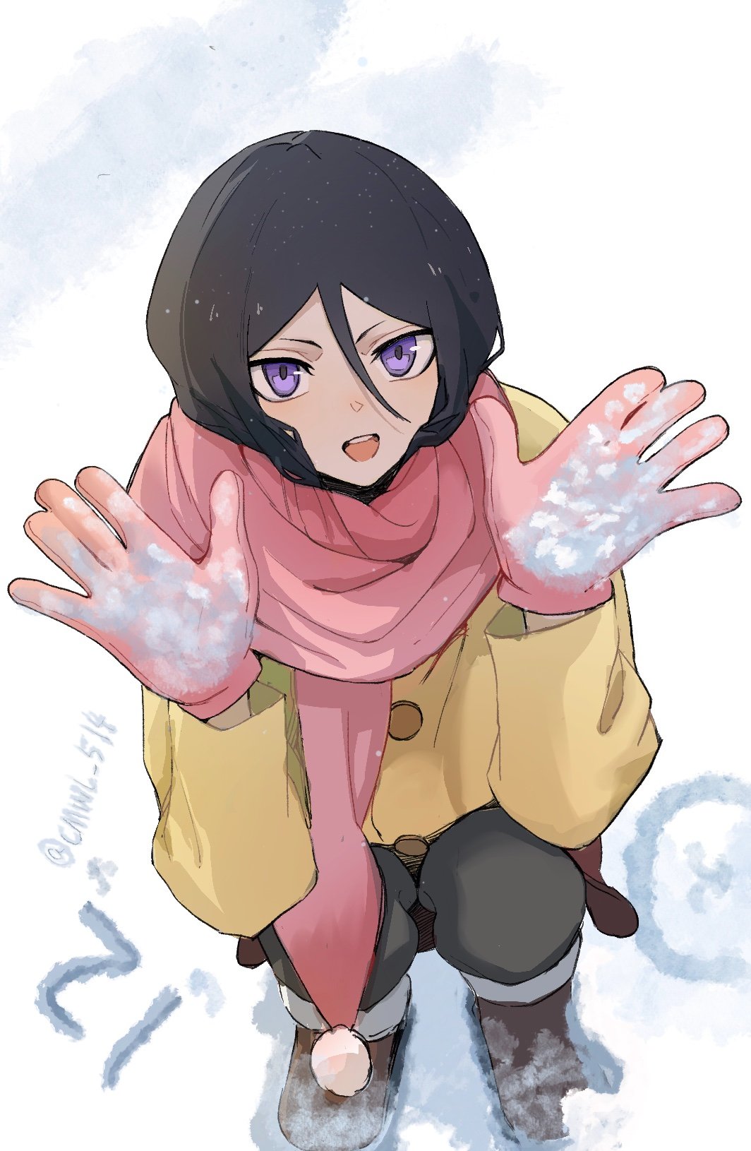 1girl, :d, black_hair, black_pants, bleach, brown_footwear, cmwl_514, gloves
