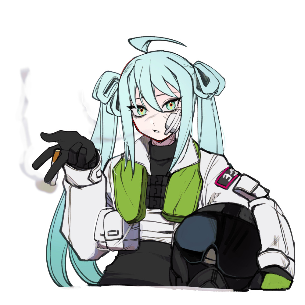 ahoge, armored_core, bandaged_chest, bandages, bandages_over_clothes, black_gloves, black_headwear, black_shirt