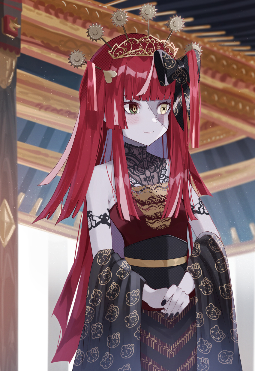 1girl, absurdres, black_dress, dress, gradient_eyes, green_eyes, haru_yu, heterochromia, highres, hololive, hololive_indonesia, javanese_clothes, kureiji_ollie, kureiji_ollie_(2nd_costume), long_hair, looking_at_viewer, multicolored_eyes, multicolored_hair, official_alternate_costume, patchwork_skin, pink_hair, red_eyes, redhead, smile, solo, streaked_hair, symbol-shaped_pupils, twintails, virtual_youtuber, x-shaped_pupils, yellow_eyes