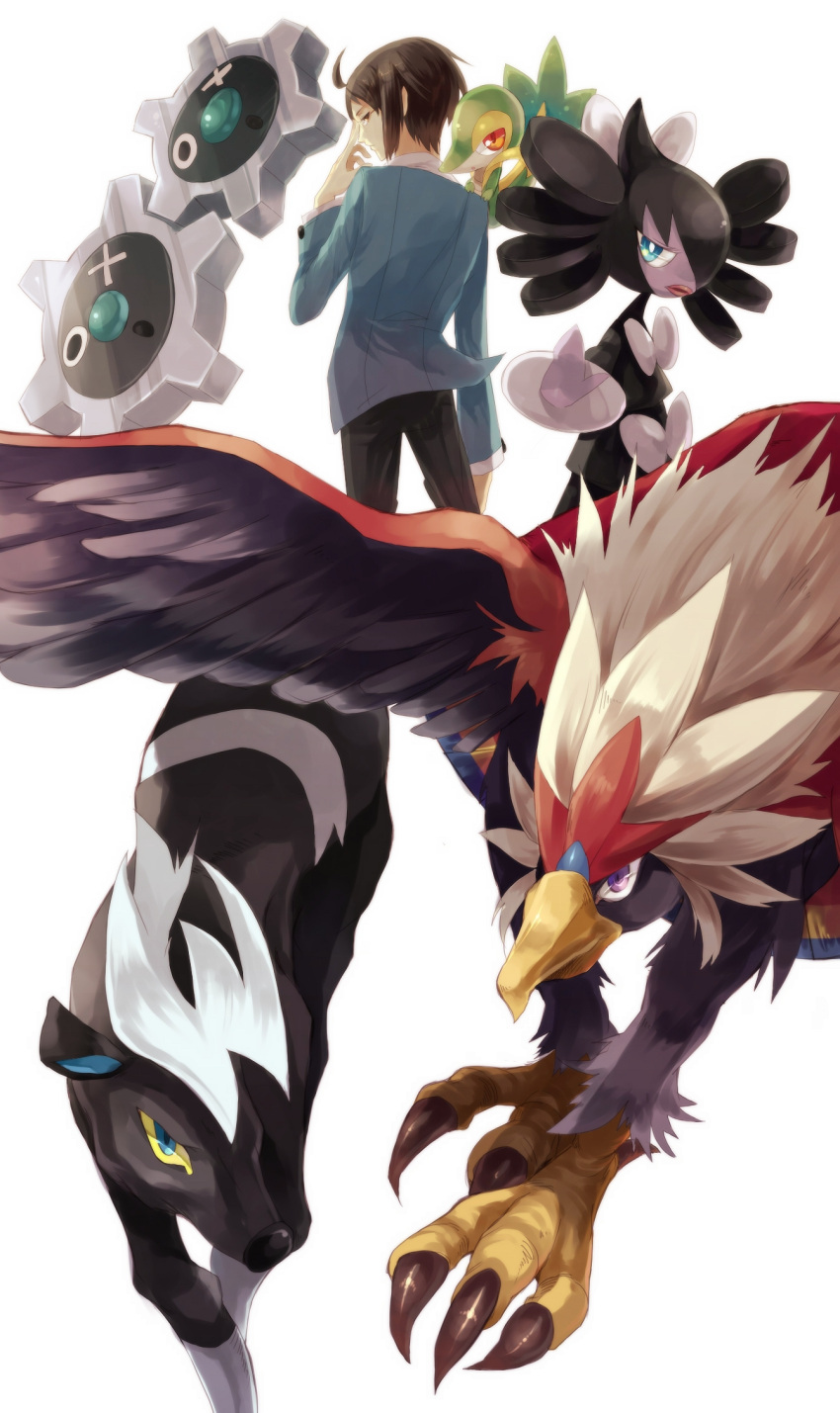 black_hair, blitzle, braviary, cheren_(pokemon), coat, glasses, gothitelle, hainegom