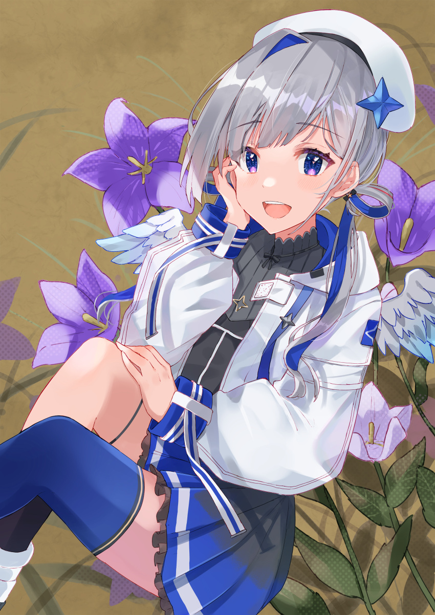 1girl, absurdres, amane_kanata, amane_kanata_(work_outfit), angel, angel_wings, asymmetrical_legwear, beret