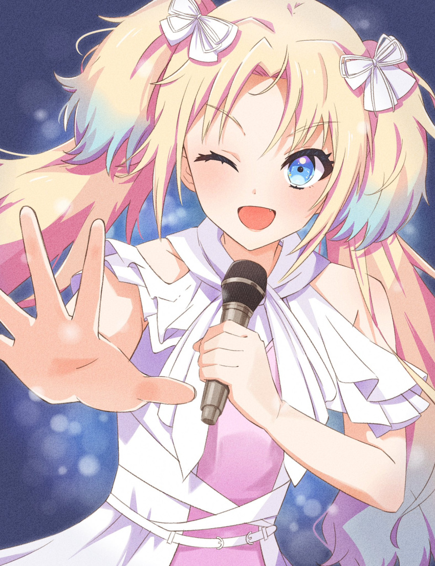 1girl, bare_shoulders, blonde_hair, blue_background, blue_eyes, blue_hair, bow, clothing_cutout