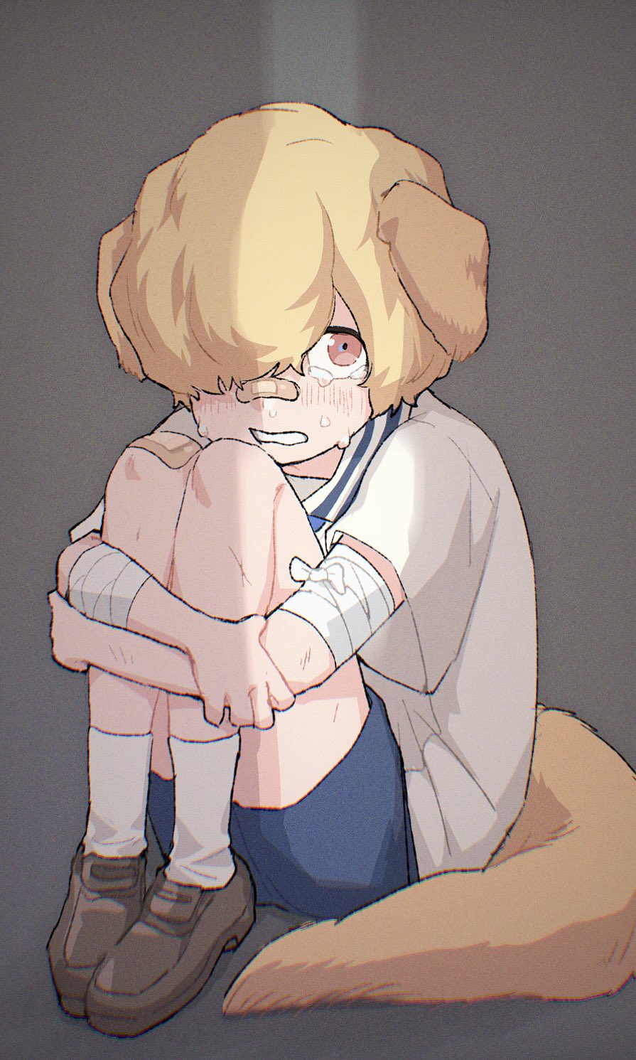 1boy, aged_down, animal_ears, bandages, blonde_hair, brown_eyes, child, crying, crying_with_eyes_open, dog_boy, dog_ears, dog_tail, donquixote_rocinante, highres, looking_at_viewer, male_focus, marine_uniform_(one_piece), mm_mofu_uu, one_piece, solo, tail, tears