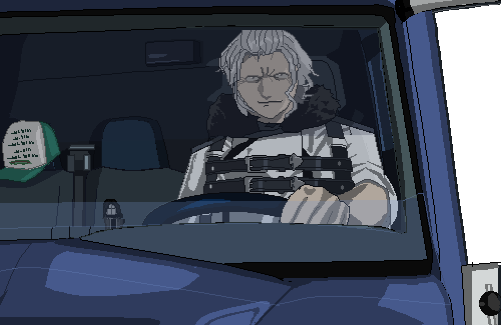 1boy, alpha_transparency, animated, animated_gif, bobblehead, car_interior, character_doll, coat