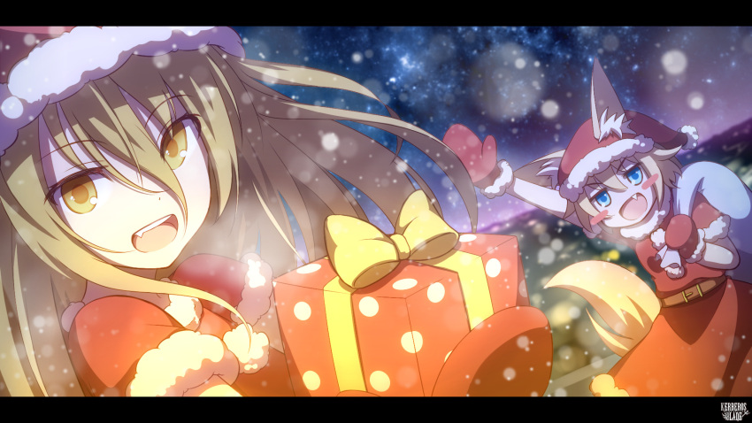 2girls, alternate_costume, animal_ear_fluff, animal_ears, arm_up, astra_dewprism, belt, belt_buckle