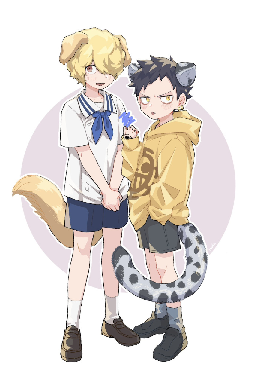 1boy, 2boys, aged_down, animal_ears, annoyed, black_hair, blonde_hair, child, dog_boy, dog_ears, dog_tail, donquixote_rocinante, highres, holding, hood, hoodie, leopard_boy, leopard_tail, looking_at_viewer, male_focus, mm_mofu_uu, multiple_boys, one_piece, panther_print, pants, short_hair, short_shorts, shorts, smile, solo, tail, trafalgar_law, yellow_eyes, yellow_hoodie