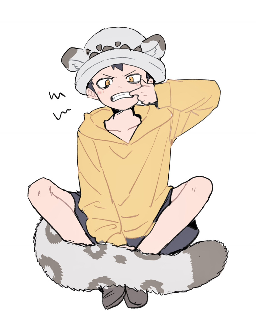 1boy, aged_down, annoyed, black_hair, child, finger_to_mouth, hat, highres, hood, hoodie, leopard_boy, leopard_tail, looking_at_viewer, male_focus, mm_mofu_uu, one_piece, panther_print, pants, short_hair, solo, tail, trafalgar_law, yellow_eyes, yellow_hoodie