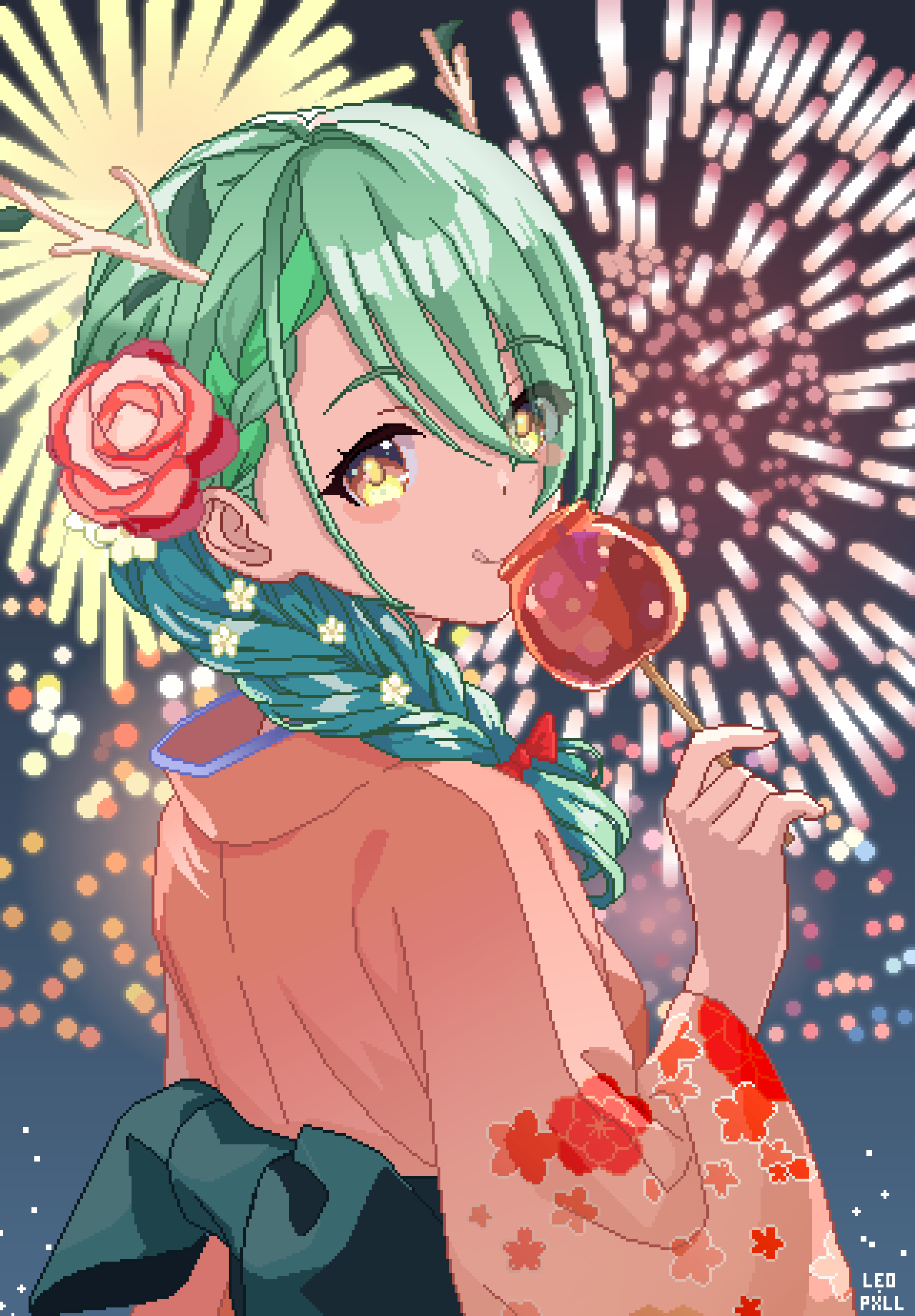 1girl, bow, braid, candy_apple, ceres_fauna, ceres_fauna_(new_year), fireworks, floral_print, flower, food, green_hair, hair_flower, hair_ornament, hair_over_one_eye, highres, hololive, hololive_english, japanese_clothes, kimono, leopxl, looking_at_viewer, official_alternate_costume, pixel_art, solo, tongue, tongue_out, virtual_youtuber, yellow_eyes