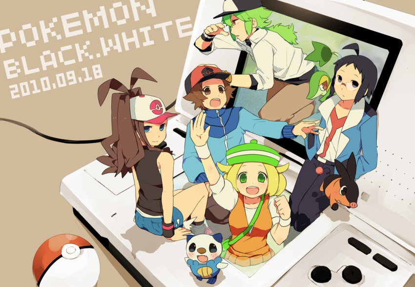 2girls, 3boys, ahoge, antenna_hair, arm_up, bag, bare_shoulders, bel_(pokemon)