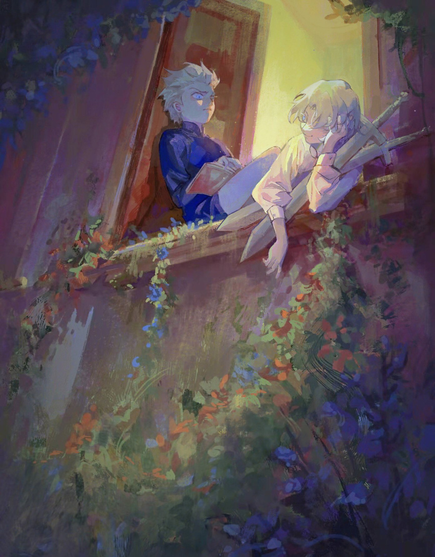 2boys, aged_down, annoyed, blue_eyes, book, brothers, child, dante_(devil_may_cry), devil_may_cry_(series), flower, hair_slicked_back, highres, looking_at_another, looking_outside, male_focus, multiple_boys, plant, siblings, smile, sword, twins, vergil_(devil_may_cry), watergrass2814, weapon, white_hair, window