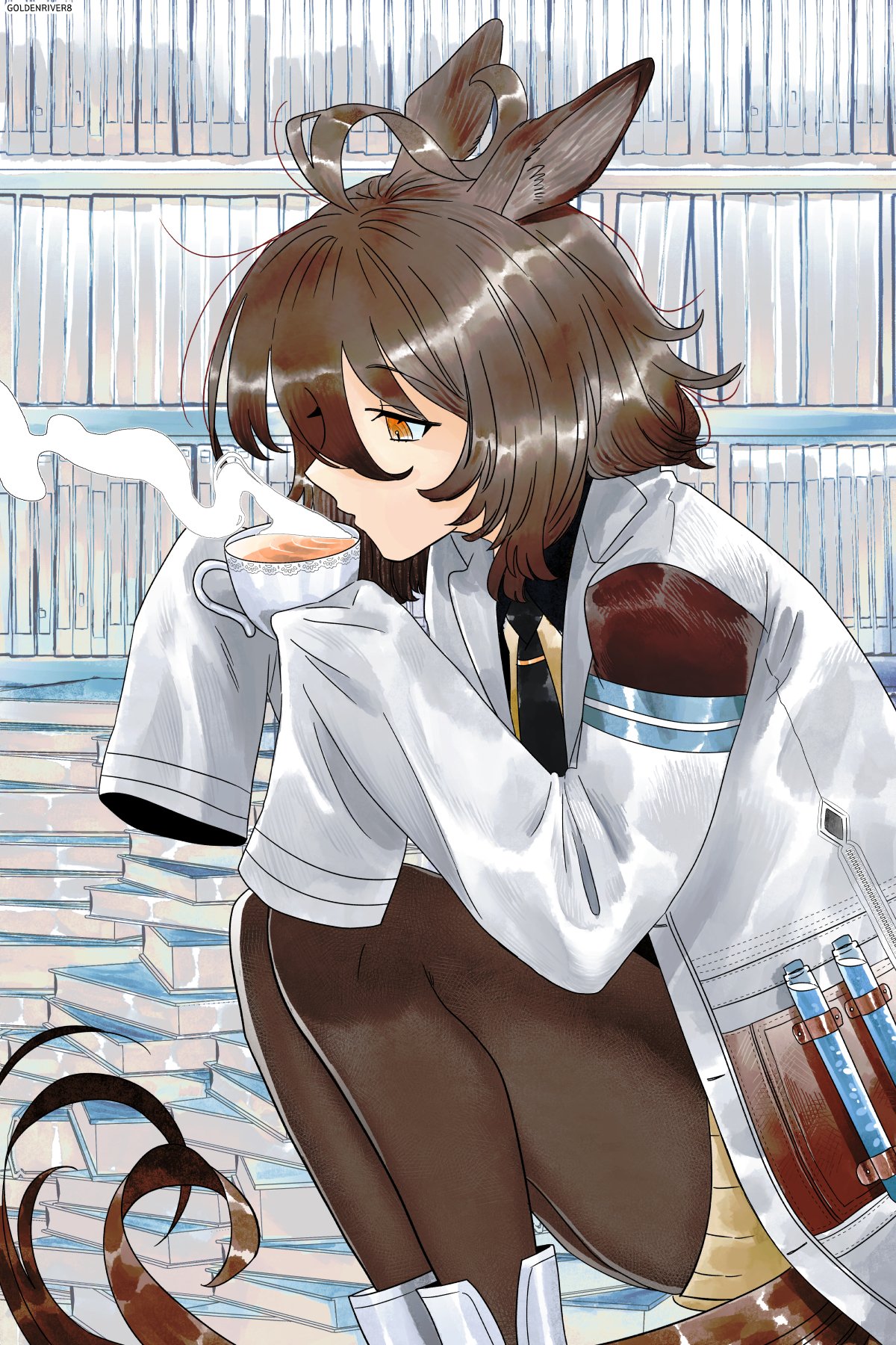 1girl, agnes_tachyon_(umamusume), ahoge, black_necktie, black_pantyhose, book, brown_eyes, brown_hair