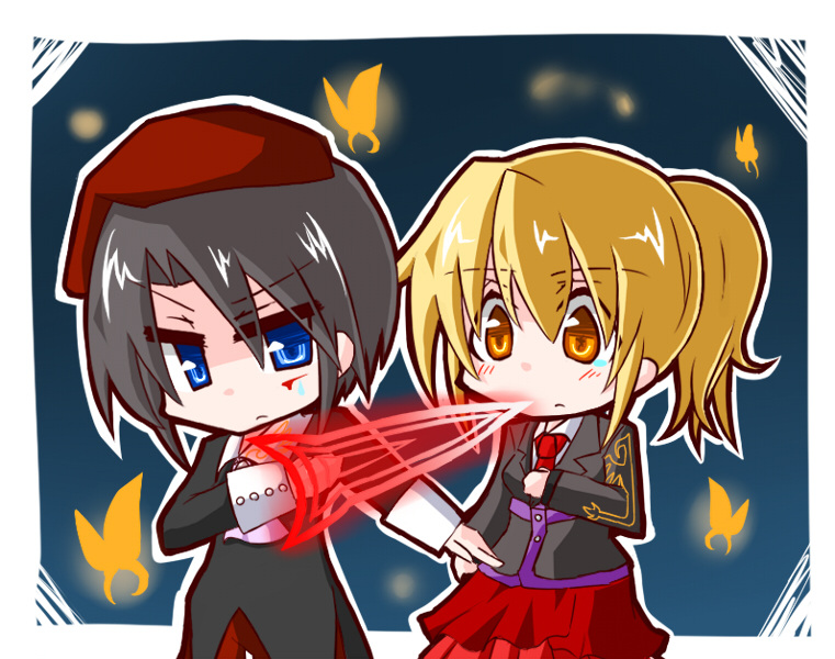 blonde_hair, blue_eyes, butterfly, kanon_(umineko), kashiwa_mochi, orange_eyes, ponytail, umineko_no_naku_koro_ni