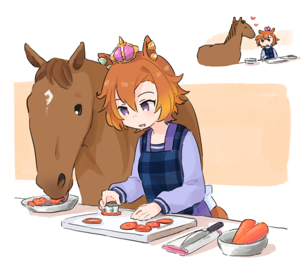 1girl, animal, animal_ears, carrot, cooking, crown, heart, horse, horse_ears, horse_girl, school_uniform, t.m._opera_o_(umamusume), tansu, tracen_school_uniform, umamusume
