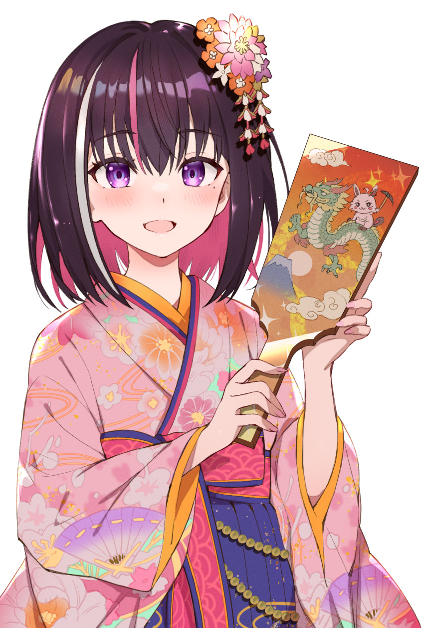 1girl, azki_(hololive), azki_(new_year)_(hololive), blue_hakama, blush, bow, brown_hair, colored_inner_hair