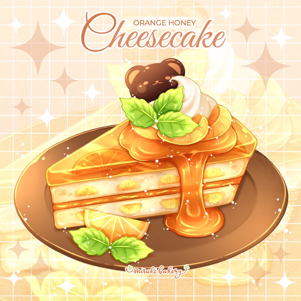 artist_name, candy, cheesecake, chocolate, chocolate_bear, chocomiruki, dessert, food, food_focus, fruit, grid_background, honey, leaf, no_humans, oozing, orange_(fruit), orange_slice, orange_theme, original, plate, still_life, whipped_cream