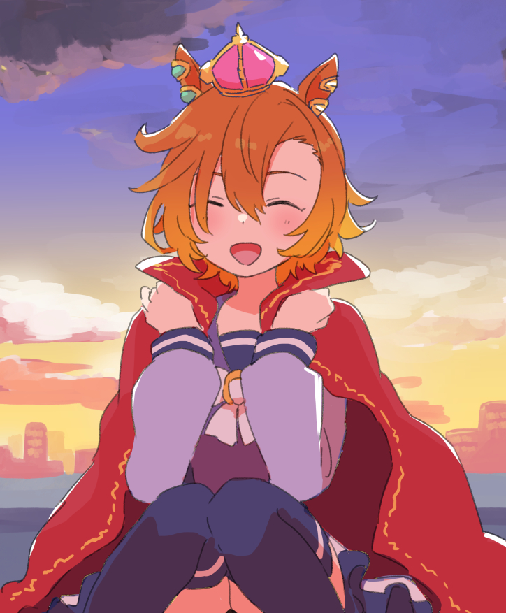 1girl, animal_ears, blush, closed_eyes, crown, facing_viewer, horse_ears, horse_girl, school_uniform, smile, t.m._opera_o_(umamusume), tansu, tracen_school_uniform