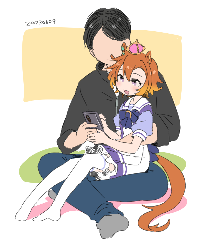 1boy, 1girl, animal_ears, black_hair, crown, happy, horse_ears, horse_girl