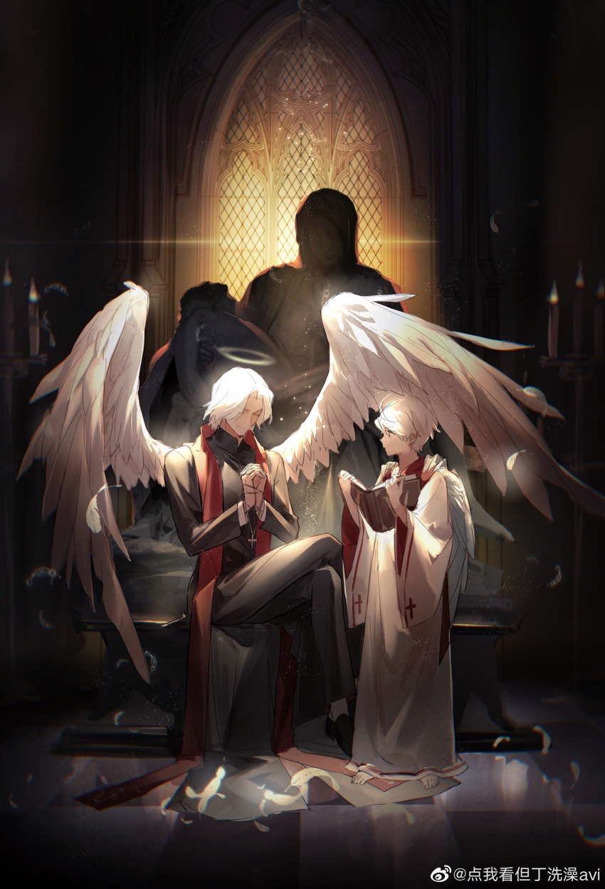 2boys, absurdres, aged_down, architecture, bible_(object), black_robe, blue_eyes, cassock