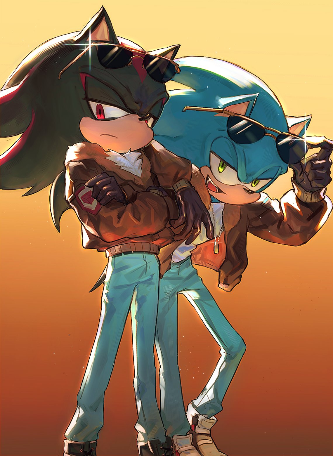 2boys, animal_ears, animal_nose, arm_on_another's_shoulder, belt, black_fur, blue_fur, brown_gloves