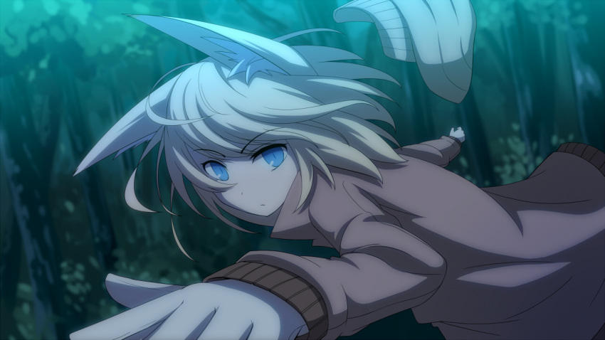 1girl, animal_ear_fluff, animal_ears, blonde_hair, cabbie_hat, closed_mouth, commentary_request, forest