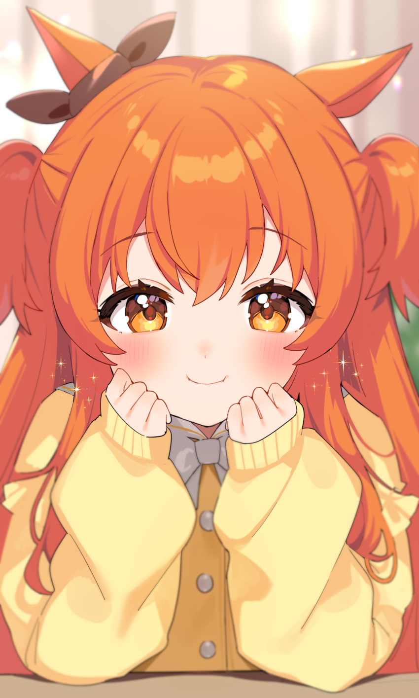 1girl, animal_ears, black_ribbon, blush, commentary_request, ear_ribbon, highres, horse_ears
