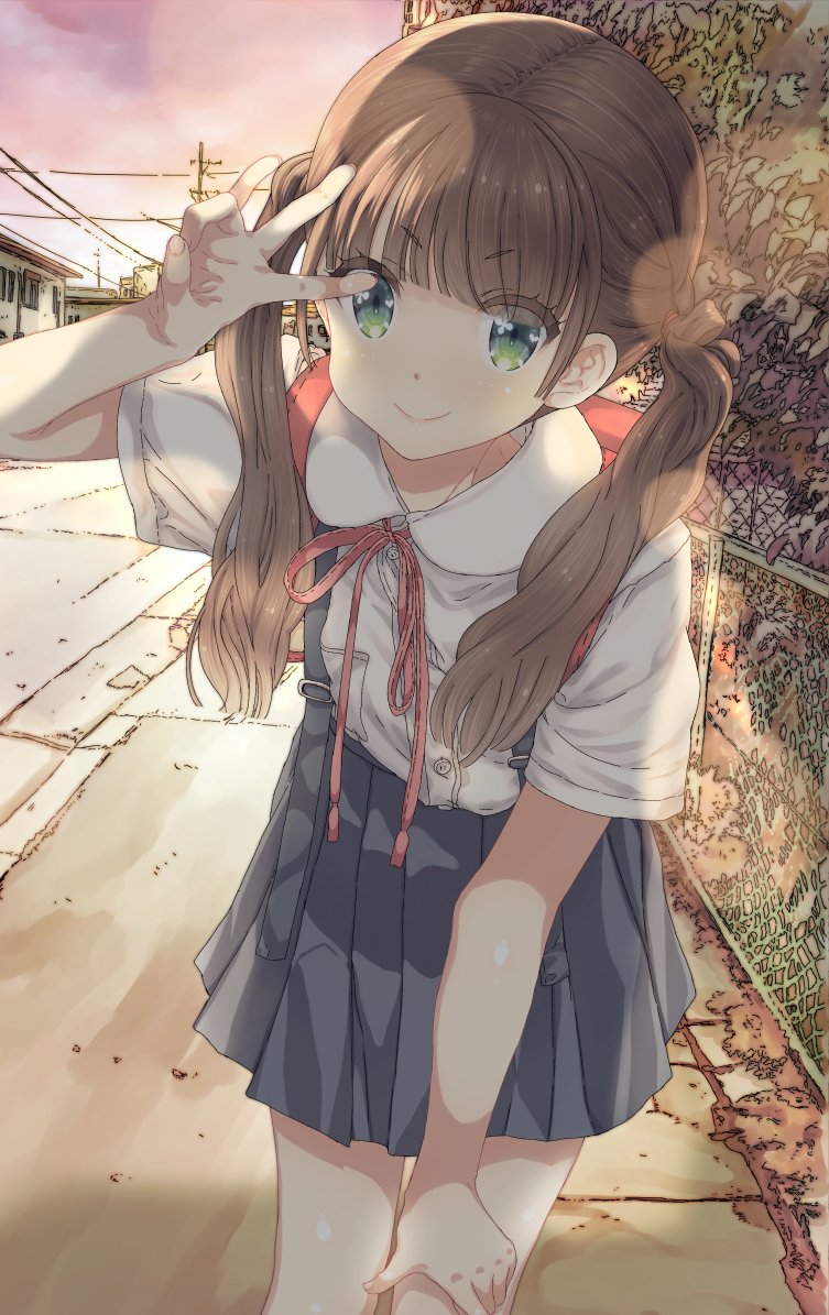1girl, backpack, bag, blue_skirt, brown_hair, closed_mouth, commentary_request, green_eyes