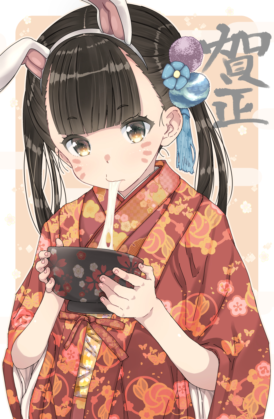 1girl, animal_ears, black_hair, blunt_bangs, border, bowl, brown_eyes, commentary_request