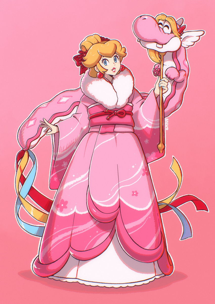 1girl, absurdres, alternate_costume, alternate_hairstyle, ancient_dragon_(mario), blonde_hair, blue_eyes, chinese_zodiac, dragon, dress, earrings, eastern_dragon, full_body, fur-trimmed_kimono, fur_trim, hair_ribbon, highres, japanese_clothes, jewelry, kimono, looking_at_viewer, pink_background, pink_dress, pink_kimono, pink_sash, princess_peach, red_ribbon, ribbon, saiwo_(saiwoproject), sash, simple_background, solo, sphere_earrings, super_mario_bros., updo, year_of_the_dragon