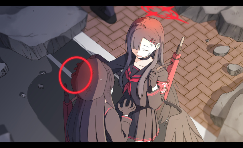 2girls, armband, assault_rifle, beret, black_choker, black_gloves, black_hair, black_headwear, black_sailor_collar, black_serafuku, black_wings, blue_archive, bullpup, choker, closed_eyes, collarbone, em-2, feathered_wings, gloves, gun, halo, hat, ichika_(blue_archive), justice_task_force_member_(blue_archive), letterboxed, long_hair, long_sleeves, multiple_girls, neckerchief, open_mouth, outdoors, red_armband, red_halo, red_neckerchief, rifle, sailor_collar, school_uniform, serafuku, smile, usui_harusame, weapon, wings