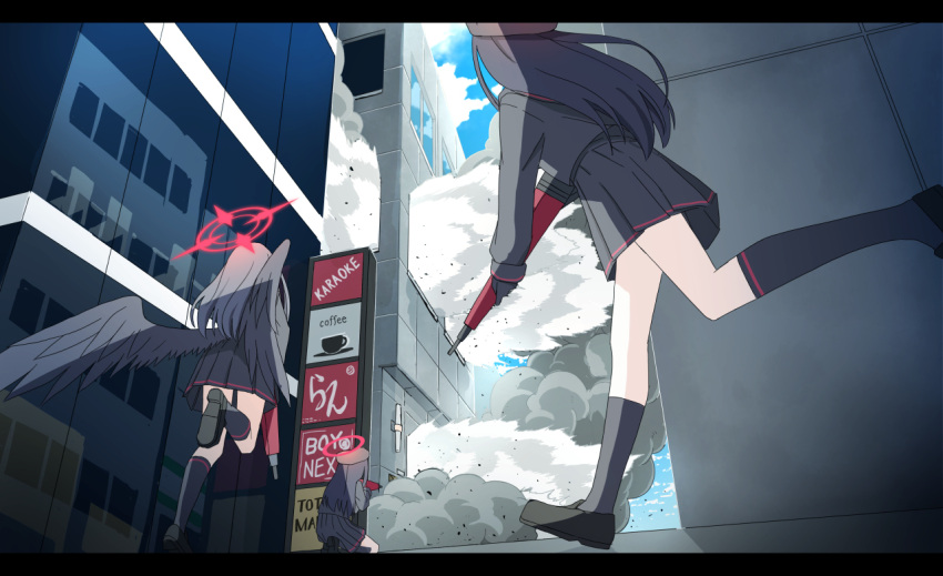3girls, assault_rifle, beret, black_footwear, black_hair, black_headwear, black_serafuku, black_skirt