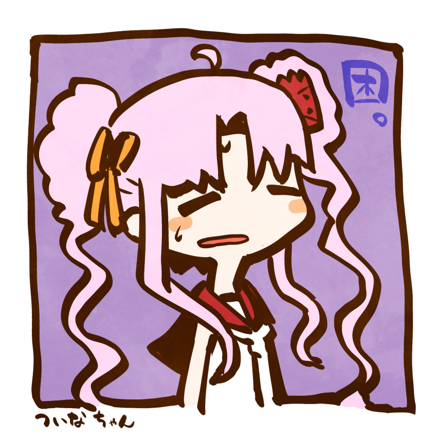 1girl, ahoge, blush_stickers, border, chibi, closed_eyes, commentary_request, curtained_hair