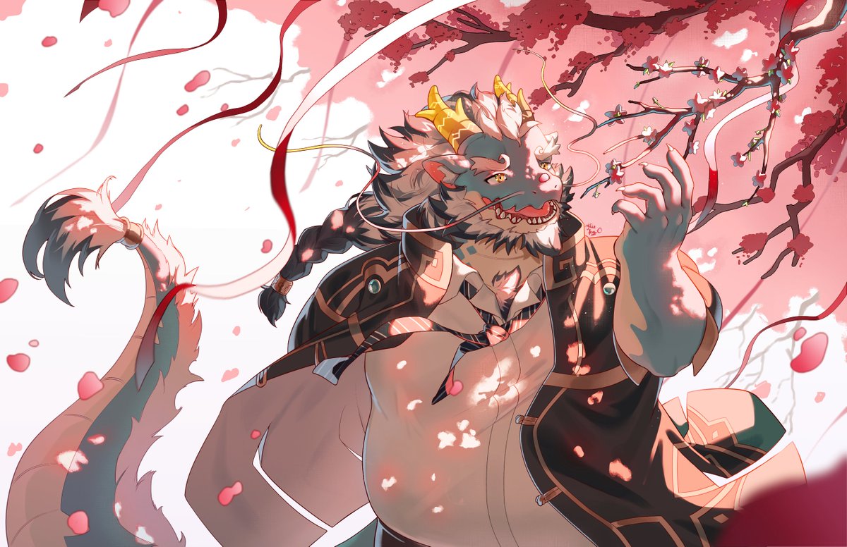 afternoon, braid, branch, dragon, falling_petals, glowing, kiekoio, long_tail
