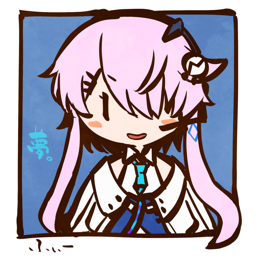 1girl, blue_background, blue_necktie, blush_stickers, border, cevio, character_name, chibi