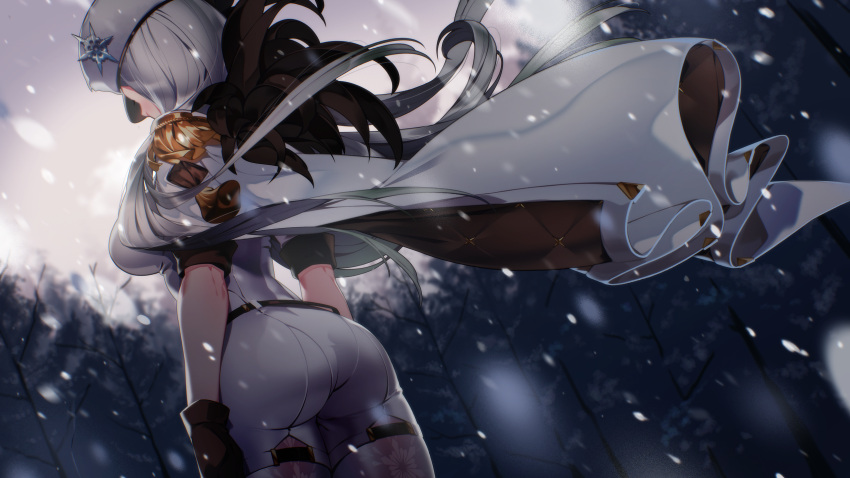 1girl, arms_at_sides, ass, belt, black_belt, black_gloves, breasts, cape