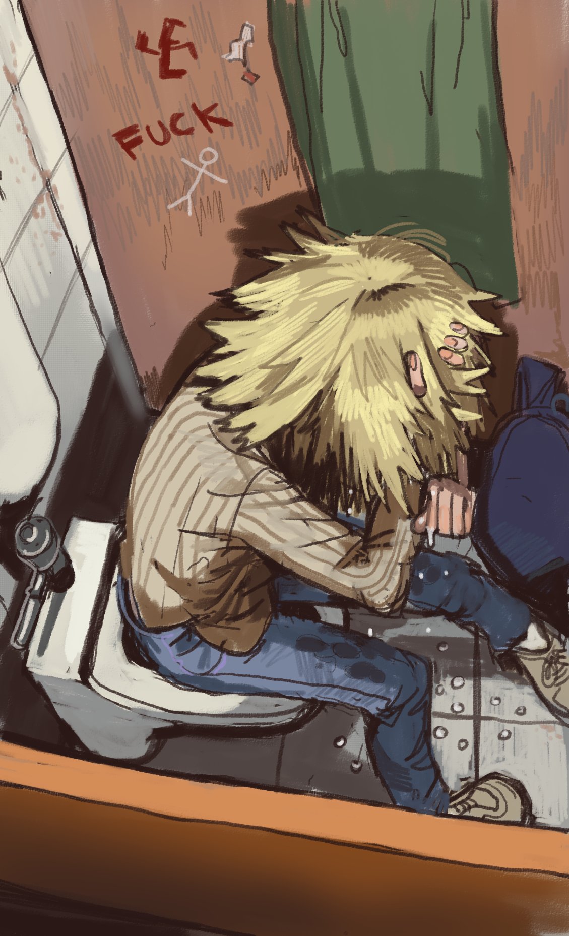 1girl, apron, backpack, bag, blonde_hair, coomer_(meme), crying, denim