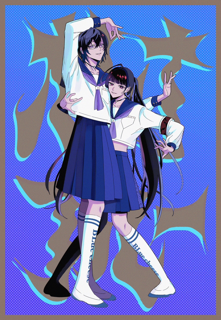 1boy, 1girl, absurdres, ahoge, armband, black_hair, black_socks, blue_sailor_collar
