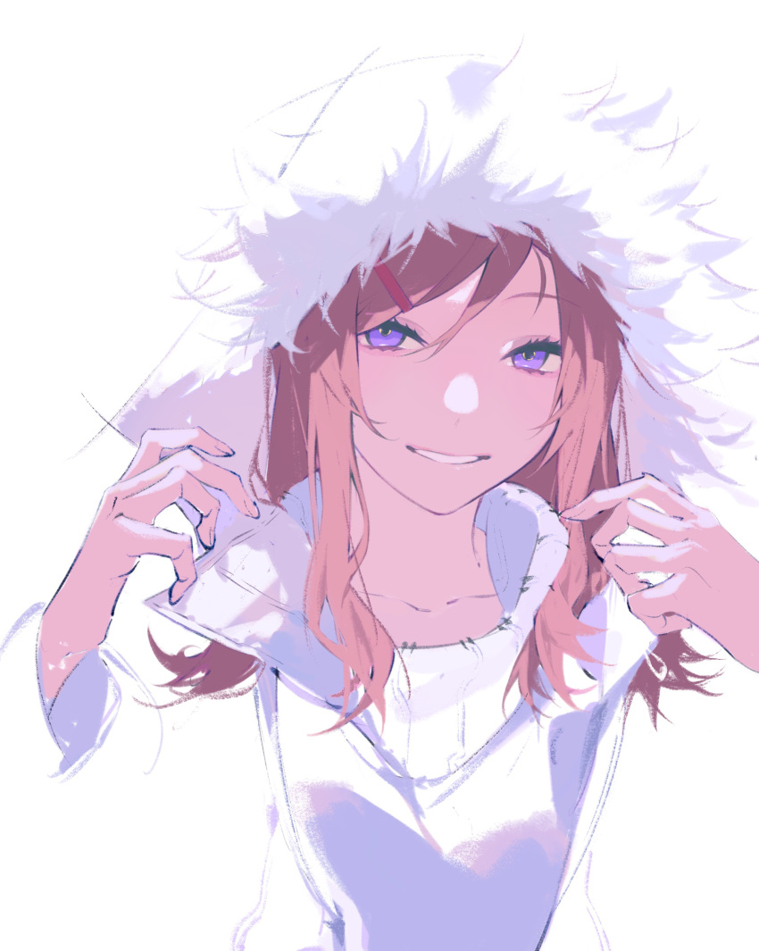 1girl, absurdres, azami_(nemurenu_hitsuji_to_kodoku_na_ookami), blending, brown_hair, commentary, fur-trimmed_hood, fur_trim
