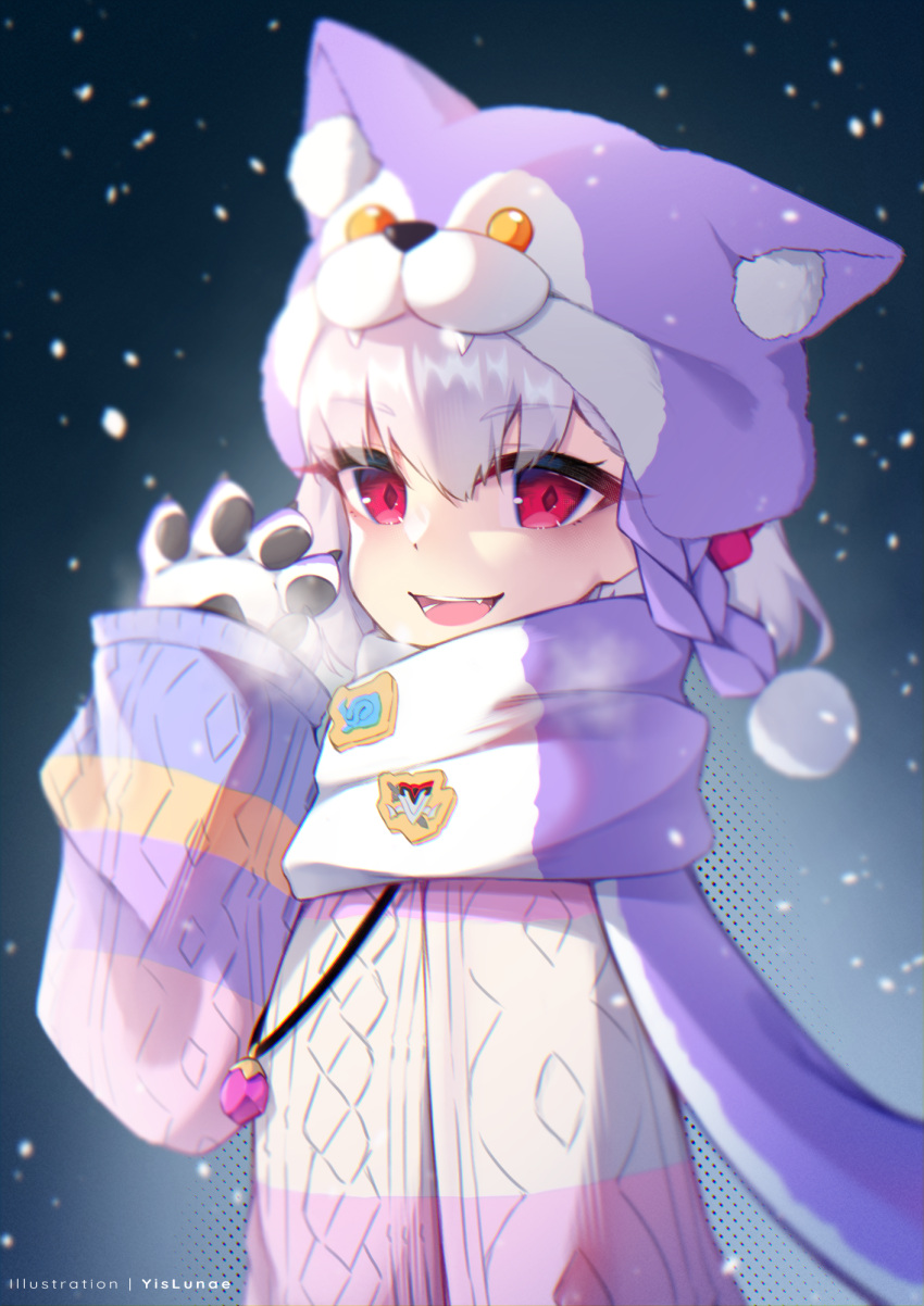 1girl, animal_hands, badge, breasts, fate/grand_order, fate_(series), gloves, hair_ribbon, highres, jewelry, kama_(dream_portrait)_(fate), kama_(fate), looking_at_viewer, multicolored_sweater, nealayiskah, necklace, open_mouth, paw_gloves, pendant, purple_headwear, purple_scarf, purple_sweater, red_eyes, ribbon, scarf, short_hair, small_breasts, smile, snowing, solo, sweater, white_hair, wolf_hat