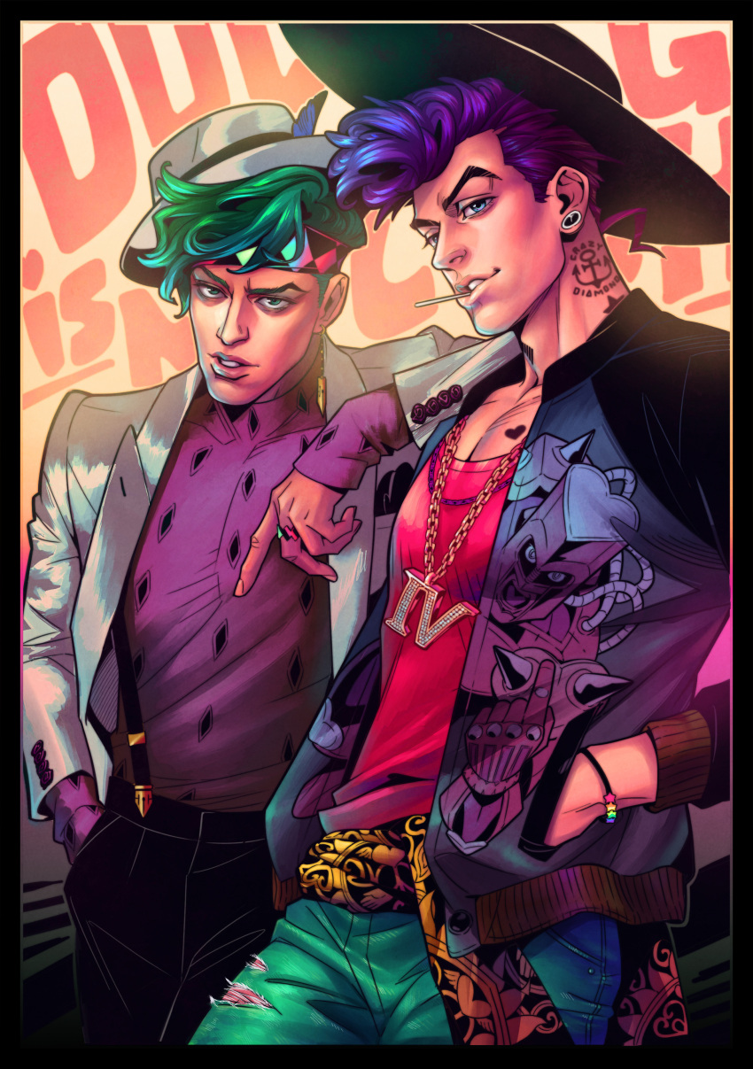 2boys, absurdres, andarix, arm_on_shoulder, belt, black_border, black_pants, blue_eyes