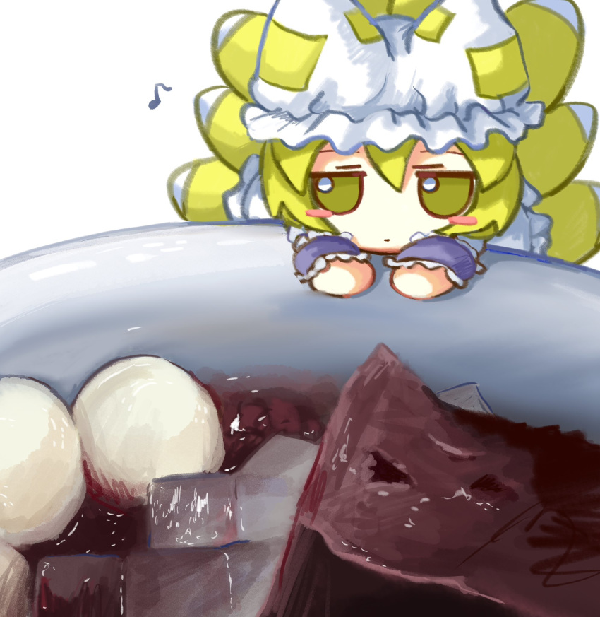animal_ear_headwear, anmitsu_(dessert), blonde_hair, blush_stickers, bowl, closed_mouth, commentary, food