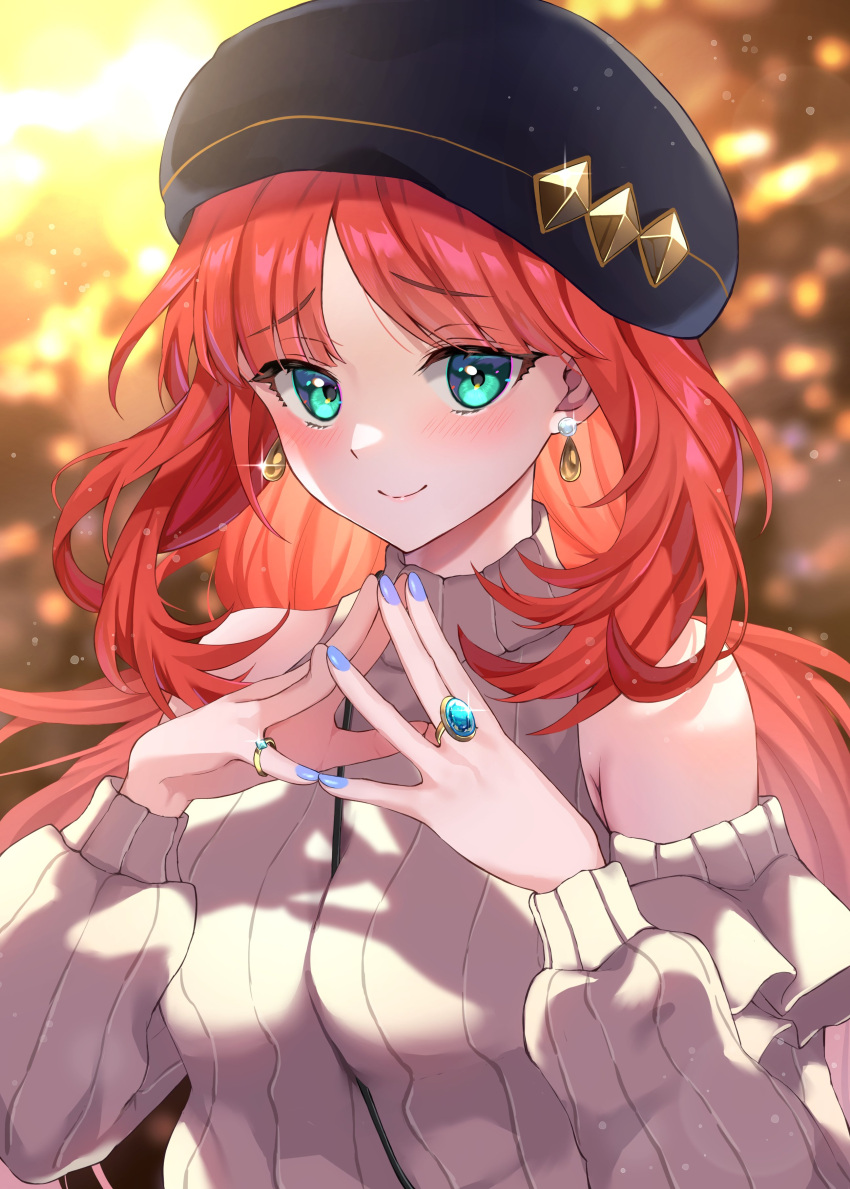 1girl, absurdres, aqua_eyes, black_headwear, blue_gemstone, blush, breasts, earrings